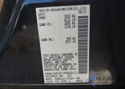 2015 Nissan Altima 2.5 S z USA, uszkodzony, nr VIN 1N4AL3AP3FC490052